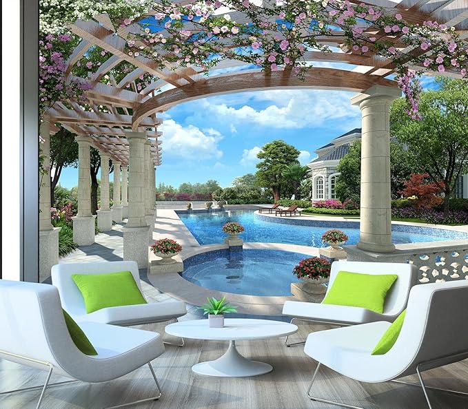 Cliouar-Backyard Villa with Swimming Pool Wall Mural Wallpaper Peel and Stick 137" x 102"