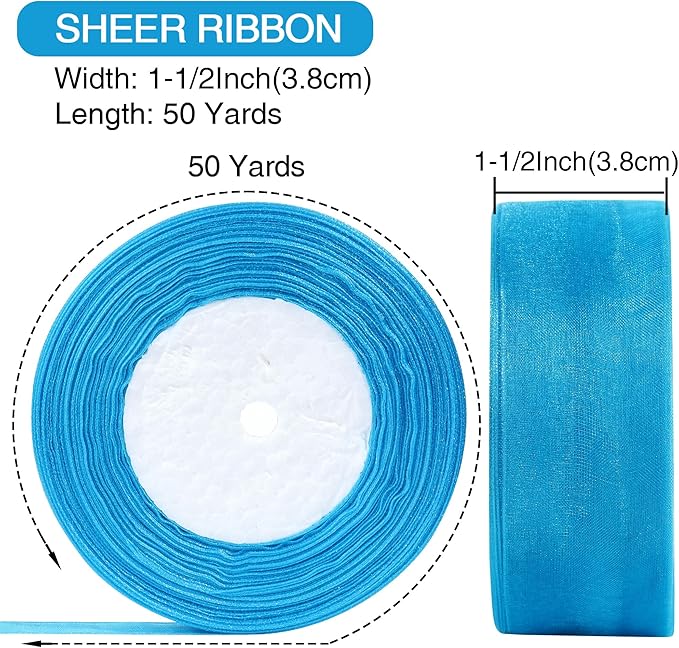 1-1/2 Inch x 50 Yards Sheer Organza Ribbon Chiffon Ribbon for Gift Wedding Flower Bouquet Wrapping Decorations Crafts (Lake Blue)