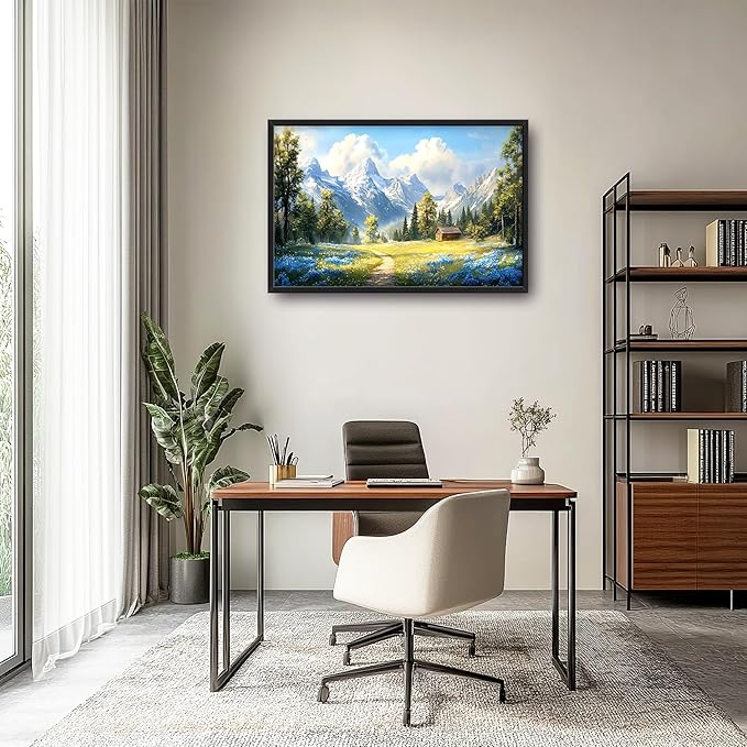 Mountain Large Wall Art Framed Wall Decor for Living Room, Countryside Wildflowers Pictures Oversized Canvas Print Painting Modern Extra Large Framed Artwork for Bedroom Office Home Decor 36"x24"