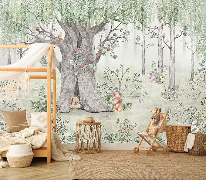 Green Forest Wallpaper Fox Pine Mouse Big Tree Mural for Children's Room Living Room Bedroom (Not Self-Adhesive)