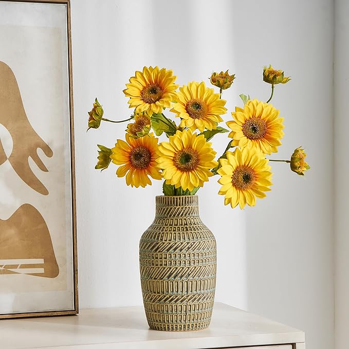 Modern White Ceramic Vase, Boho Flower Vases for Decor, 5.1" W x 8.7" H Modern Vase with Textured Pattern Table Centerpiece for Living Room Office Bedroom (Turquoise Vase)