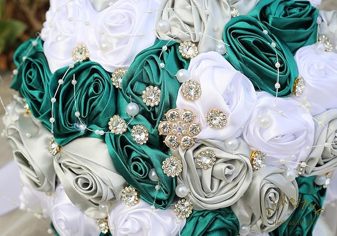 Bridal Wedding Bouquet Round Bling Brooch Bouquet Throw Toss Artificial Rose Flower Bunch for Bride Bridesmaid Wedding Quinceanera(Dark Green, Silver & White, 8.7")