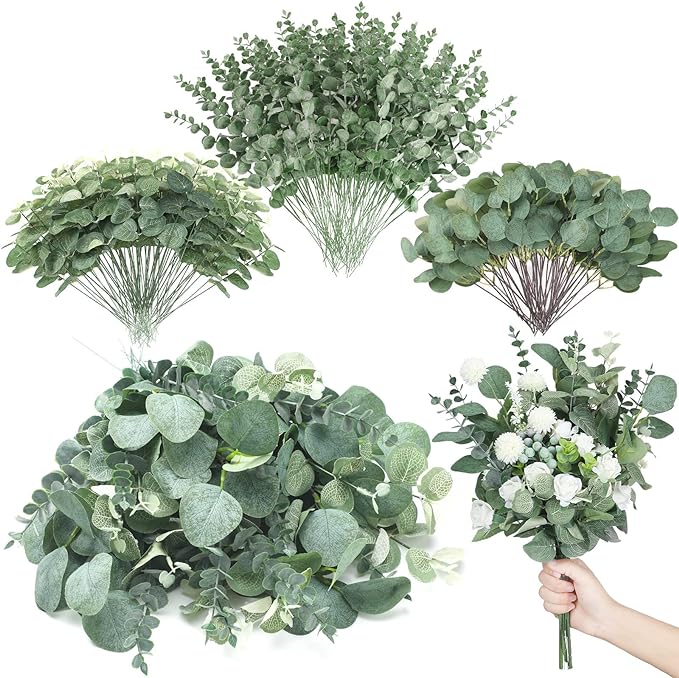 Giegxin 600 Pcs 3 Kinds Mixed Eucalyptus Leaves Stems Bulk Artificial Silver Dollar Leaves Picks Dried Eucalyptus Bundle Faux Spray for Wedding Vase Bouquet Floral Arrangement (Green)