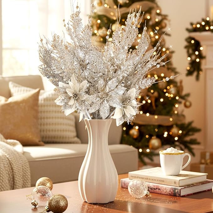 18 Pack 3 Styles 17 Inch Christmas Glitter Poinsettia Berry Stems Ornaments Artificial Floral Branches Picks for Christmas Tree Home Vase Holiday Party Decor(Champagne)