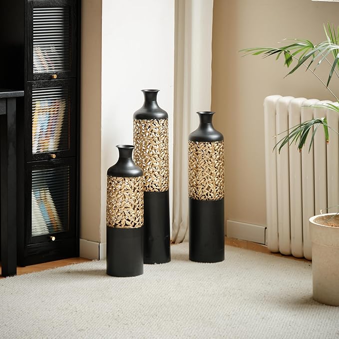 Floor Vases, Tall Home Decor Metal Vase Set of 3 Large Glazed Decorative Vases for Wedding Decor, Elegant Modern Flower Holder for Living Room, Entryway, Hallway, Dining Room