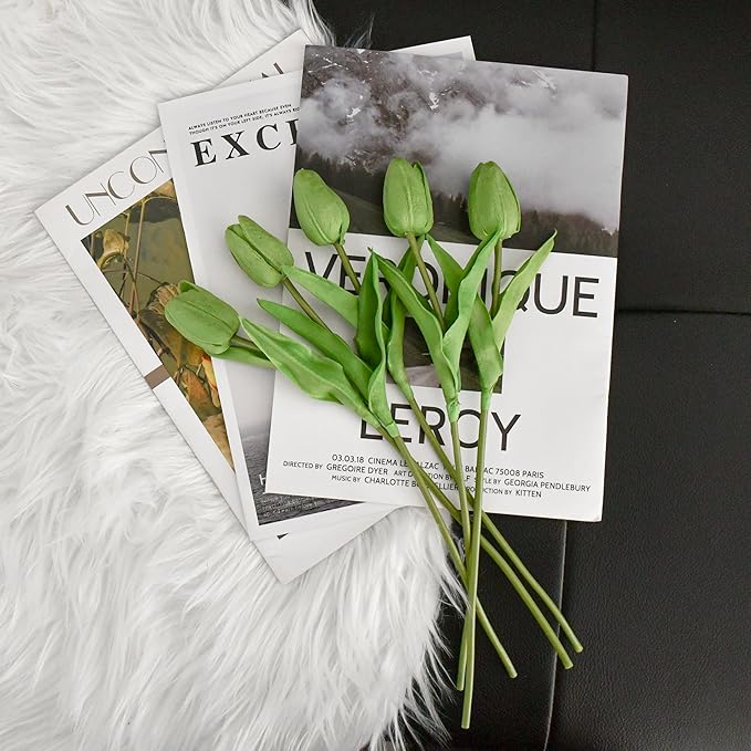 Mandy's Artificial Tulips 20 Stems Green PU Faux Flowers for Thanksgiving and Christmas Decorations Wedding Home Decor 13.5 Inch