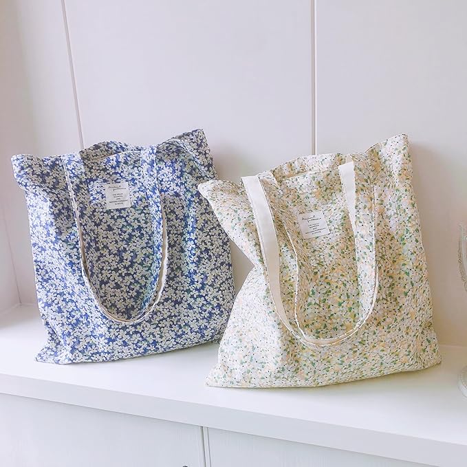 Cotton Canvas Tote Bag Reusable Soft Grocery Cloth Bag Floral Shoulder Bag for Beach Travel Shopping