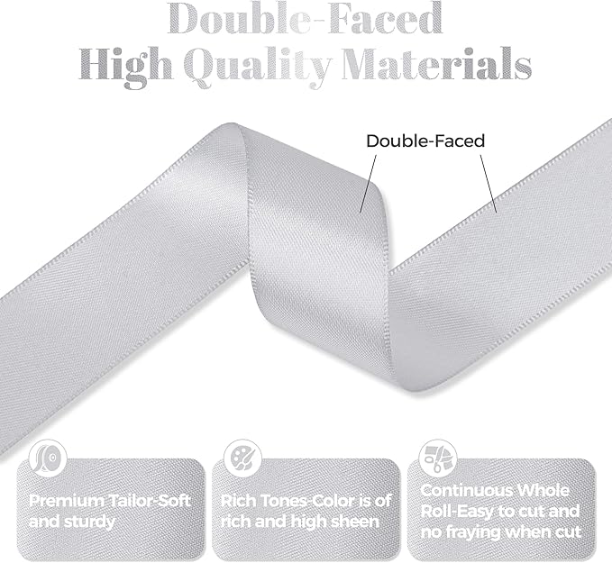 Silver Satin Ribbon, Double Faced 1 Inch X 50 Yards Silver Ribbon, Premium Satin Ribbon for Gift Wrapping, Crafts, Hair Bow Making, Sewing, Flower Bouquet, Wedding Party Decor