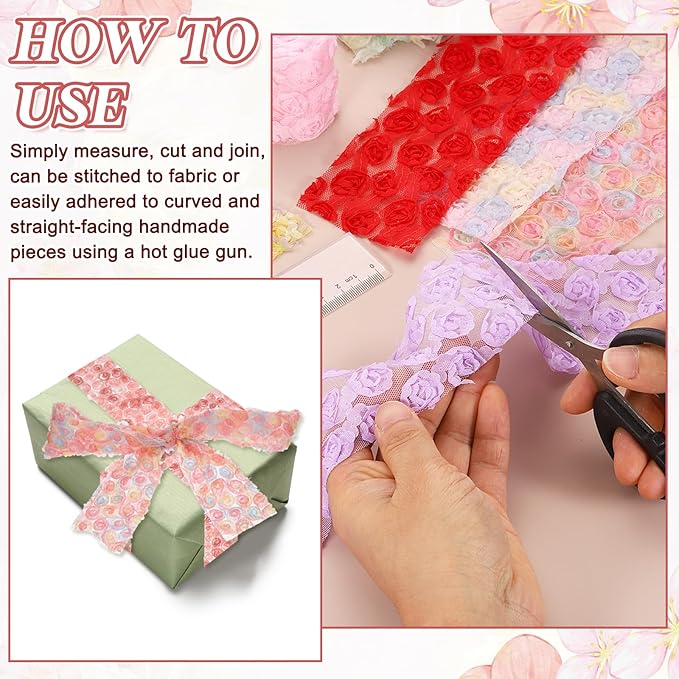 uxcell 2PCS Lace Trim Ribbon, 2.36 inch - 1 Yard 3D Rose Floral Embroidery Ribbons Edge Trimming for Sewing, Wedding Dress, DIY Crafts, Decoration Accessories, Color Yellow