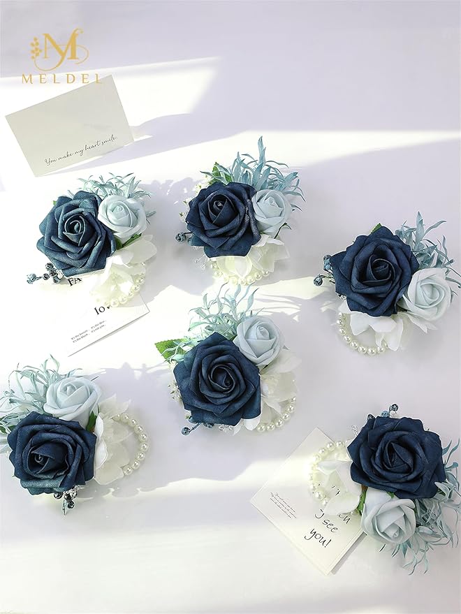 Meldel Navy Blue Wrist Corsage,Set of 6, Homecoming Wrist Flower Girl/Mother Corsages Wristlet Décor Perfect for Bride Bridesmaids Wedding Guests Hand Flower, Proms, Party, Ceremony Anniversary