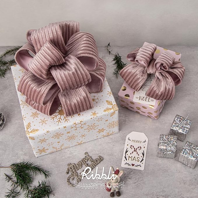 Ribbli Glossy Dusty Pink Velvet Wired Ribbon 2.5 Inch Striped Velvet Christmas Ribbon for Gift Wrapping Christmas Tree Decoration Crafts Wreaths Supplies-Continuous 10 Yards