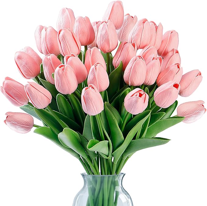 Sggvecsy 15 Pcs Fake Tulips Artificial Flowers Real Touch PU Faux Flowers Tulip Stems for Wedding Spring Bouquet Floral Arrangement Home Party Office Decorations for Mother's Day (Milk Pink)