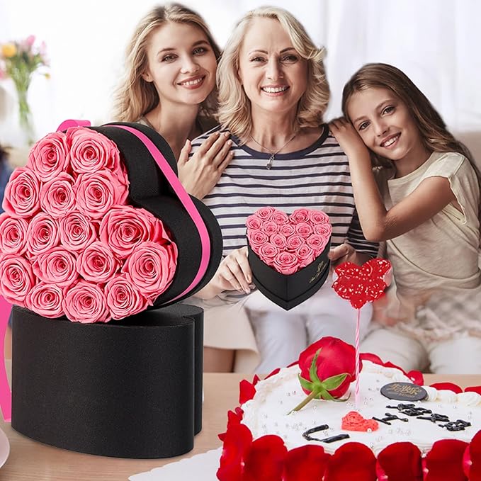 Forever Flowers, 16 Fresh Preserved Rose in Heart Shape Box, Eternal Rose for Her Birthday Pink