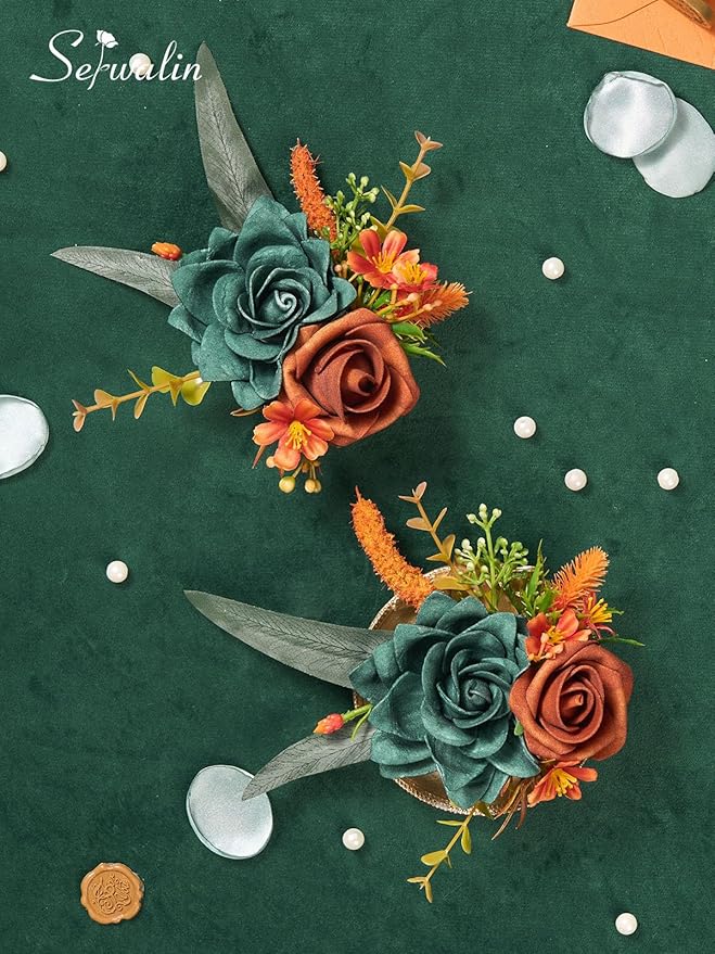 Serwalin Set of 2 Boutonniere for Men, 6-7inch Corsage Groom and Best Man Boutonnieres for Wedding Prom Ceremony Anniversary Party Cake Topper, Teal Orange