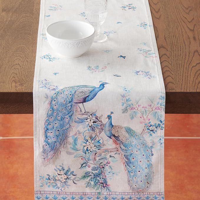 Maison d' Hermine Tablerunners 100% Combed Cotton Premium Table Runner Decorative Table Cover, Home, Kitchen, Parties & Camping, Peacock Utopia, Double Layer - (14.50"x72")