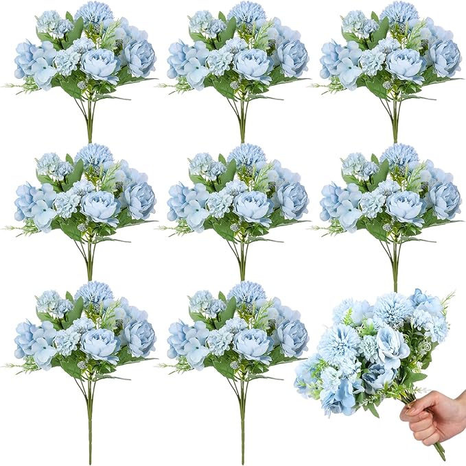 Lyrow 8 Pcs Peony Artificial Flowers Fake Silk Hydrangea Bouquet Elegant Peony Flowers for Wedding Decoration Faux Realistic Floral for Home Party Table Centerpieces Arrangement (Blue)