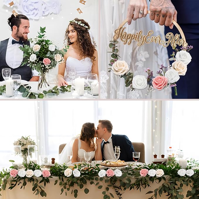 200PCS Artificial Flowers Champagne Mixed Series Roses Real Looking Foam Fake Roses with Leaves for DIY Wedding Bouquets Bridal Shower Centerpieces Party Decorations