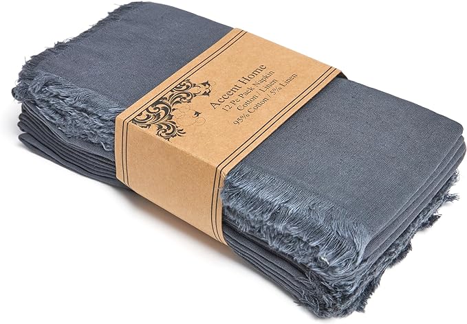 ACCENTHOME Grey Cotton Linen Napkin Set of 12 18x18 inch Dinner Napkins - Washable Soft Premium Hotel Quality Reusable Hemmed Edges Napkins Perfect Table Linens for Family Dinners, Weddings