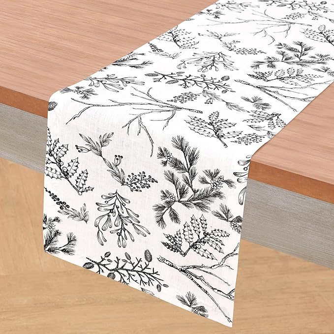 Solino Home 100% Pure Linen Christmas Table Runner 72 Inches Long - Black/White Table Runner 14 x 72 Inch - Handcrafted and Machine Washable - Winter Forest Print