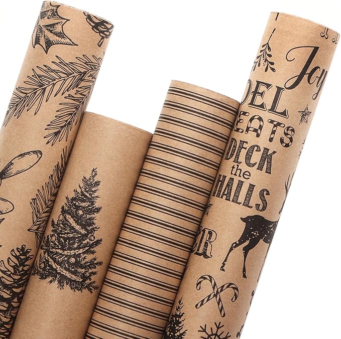 Ribbli Christmas Wrapping Paper, 4 Rolls Vintage Christmas Gift Wrapping Paper, Brown Kraft Paper with Black Pattern, 17 x120 inch(10ft) Per Roll