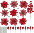 RECUTMS 66 Pcs 3 Styles Red Christmas Ornaments Christmas Glitter Poinsettia Flowers Artificial Christmas Tree Flower Decorations Wedding Wreath Floral Decorations (Red)