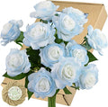 FiveSeasonStuff 12 Stems Artic ICY Blue Artificial Flowers Real Touch Silk Roses for Wedding Decoration, Packed in Gift Box