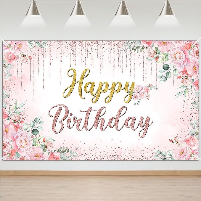 Avezano Happy Birthday Backdrop Banner for Girls Women Happy Birthday Banner Floral Glitters Happy Bday Background Party Supplies 70.8 x 43.3 Inch