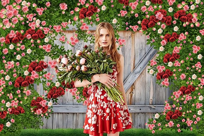 AOFOTO Barn Door Rose Backdrop Rustic Red Pink Beige Flowers Background Romantic Phtography Banner for Anniversary Wedding Decor Photo Studio Photobooth Props 6x4ft