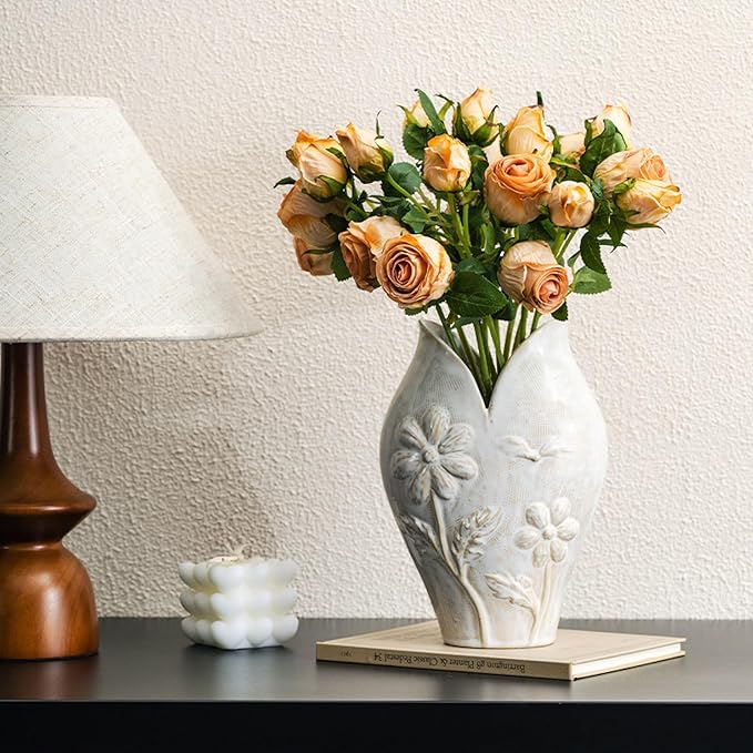 Wabi-Sabi Ceramic Vase, Nordic Minimalist Handmade Pottery for Fresh & Dried Flowers, Retro Glazed Decorative Centerpiece, Gift Box Packaging, 26cm Height
