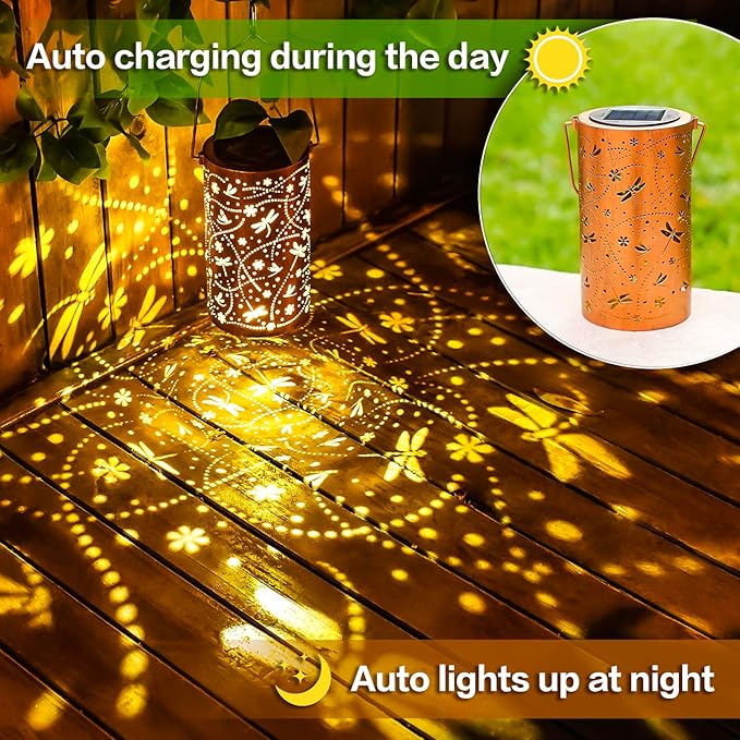 Christmas Gifts for Women Dragonfly Solar Lanterns Outdoor Waterproof Hanging Solar Lights Dragonfly Gifts for Women Men Metal Decorative LED Lanterns for Garden Decor,Yard,Patio,Lawn,Tabletop,Pathway