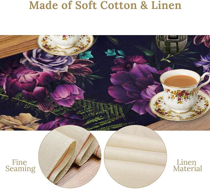 Gothic Flower Table Runner, Watercolor Vintage Dark Purple Floral Romantic Flower Blooming Table Runner for Home Kitchen Dining Table Decor, 13x70inch