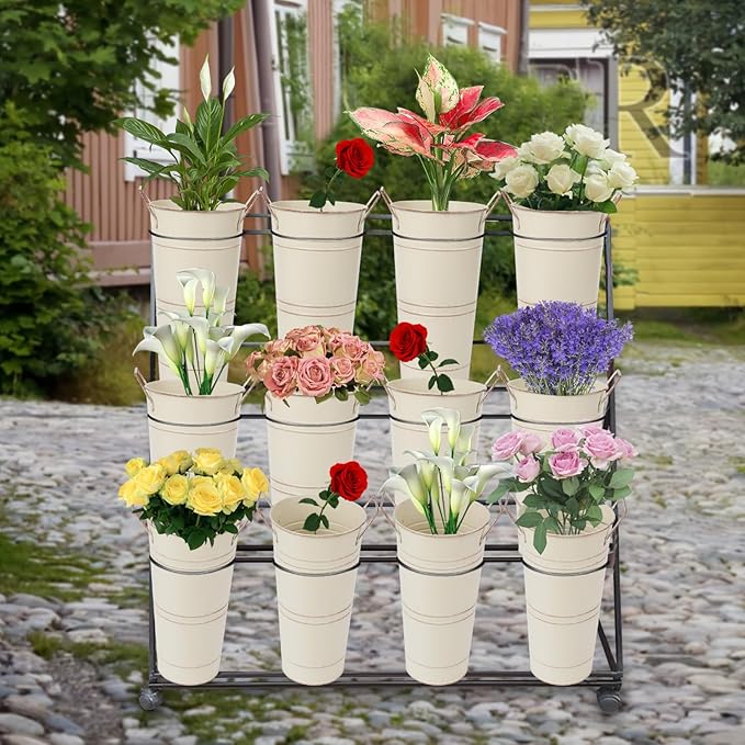 Notakia 10.62 Inch Galvanized Metal Vases Farmhouse French Flower Bucket Vases for Cut Flowers for Home Decor and Wedding Table Centerpiece Decorations (Medium Size Beige 4Pcs)