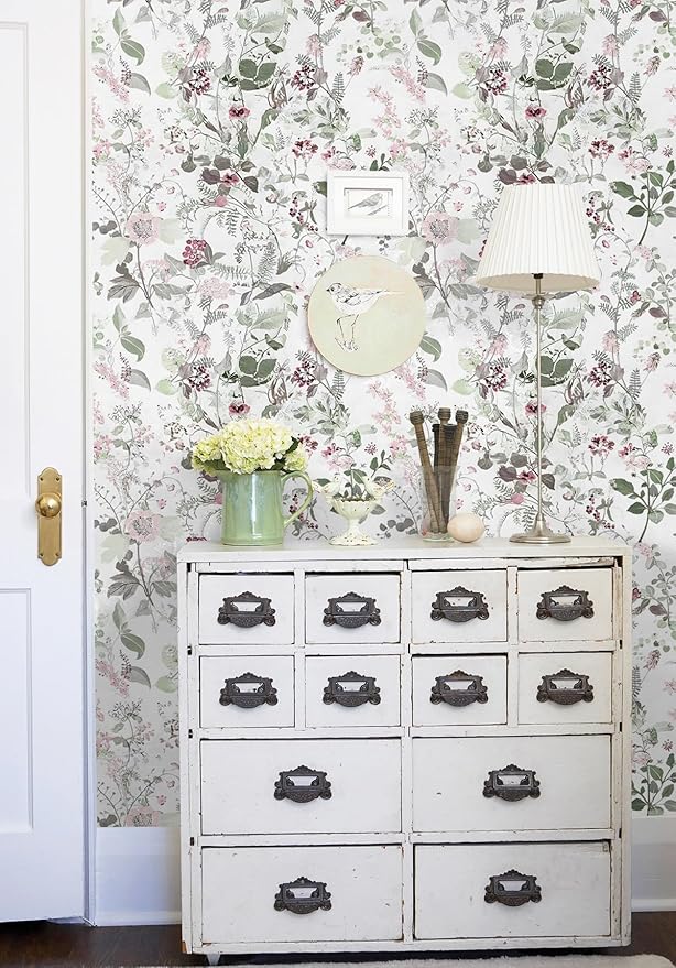 Erfoni 17.7" x 394" Removable Peel and Stick Wallpaper Floral and Leaf Contact Paper Boho Flower Self Adhesive Wallpaper DIY Vintage Wall Paper Decoration for Accent Wall Cabinets Decor Waterproof