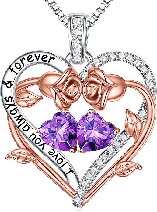 Iefil Rose Heart Double Birthstone Necklace Gifts for Wife Her Mom Women, Birthstone Jewelry Gemstone Birthday Gifts for Girlfriend Grandma Her Wife Women