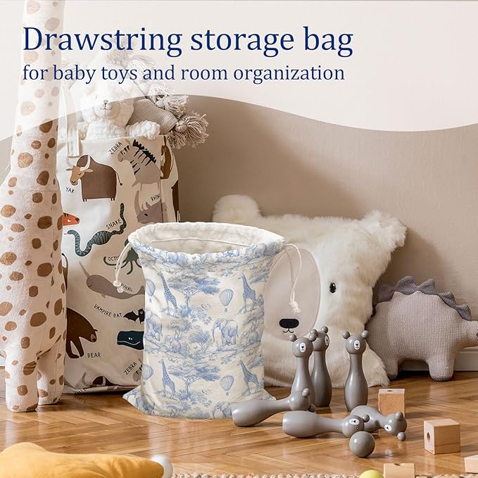 DSHFG Light Blue Birthday Drawstring Gift Bags, Safari Toile Chinoiserie Animals Baby Shower Drawstring Gift Bags Canvas, Blue and White Small Happy Birthday Bag, 10x13 Inch