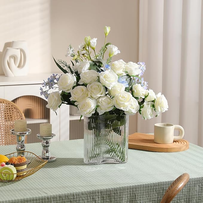 12PCS Artificial Silk Flowers Realistic Roses Bouquet Long Stem for Home Wedding Decoration Party (White -2)