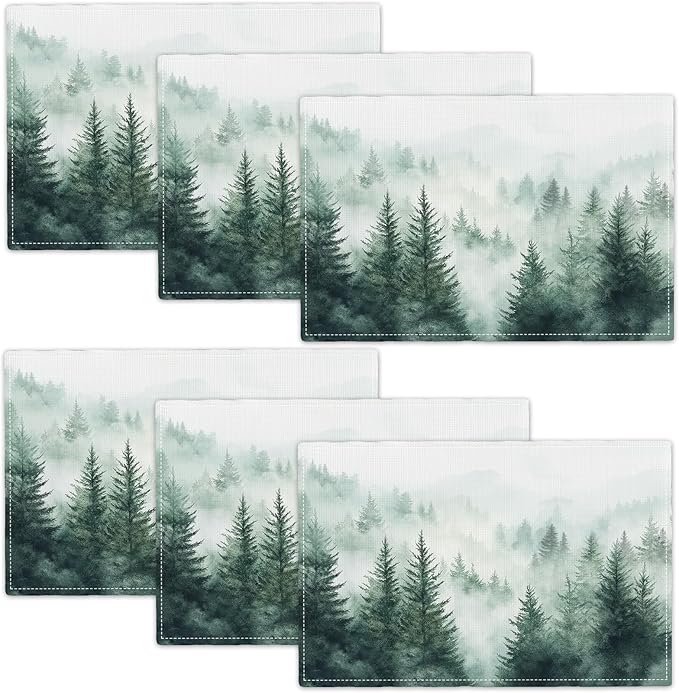 Misty Forest Placemats Set of 6, Green Tree Landscape Place Mats, Rustic Mountain Dining Table Mats, Washable Placemats for Kitchen Dining Room 18L'' × 12W''
