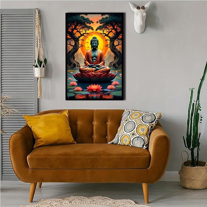 Canvas wall art Golden Buddha on lotus at sunset Ancient trees with reflections on water Serene meditation scene Uplifting wall art for mindfulness and tranquil home decor 12x18in Metal blackFramed