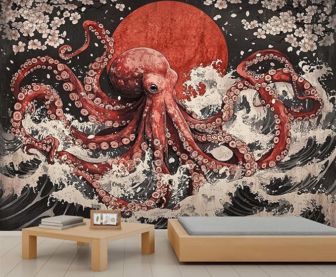 KIREUPA Japanese Wave Octopus Wall Mural, Japanese Traditional 3d Wall Murals, Ocean and Octopus Wallpaper Mural, for Living Room Bedroom Large Wallpaper Indoor Decor 59" W x39.4 H