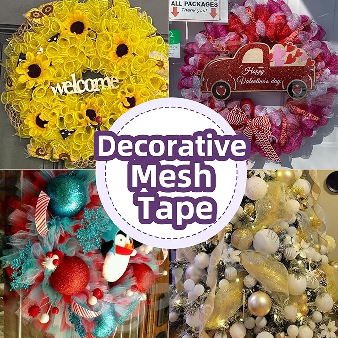 Swpeet 3 Rolls 6 Inches Mesh Ribbon Glitter Metallic Wrapping Ribbon Kit, Glitter Tulle Fabric Spool Ribbon Metallic Foil Mesh Ribbon for DIY Project Wreaths Party Decorations Wrapping Craft