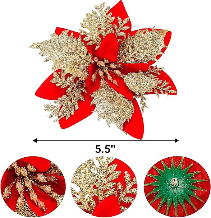 Zhuqing 15Pcs Christmas Poinsettia Artificial Flowers Decorations, Glitter Poinsettia Christmas Tree Ornaments, Red Tree Flowers for Xmas/Party/Holiday/Wreath/Garland Decor, with Cilps, 5.5 Inch