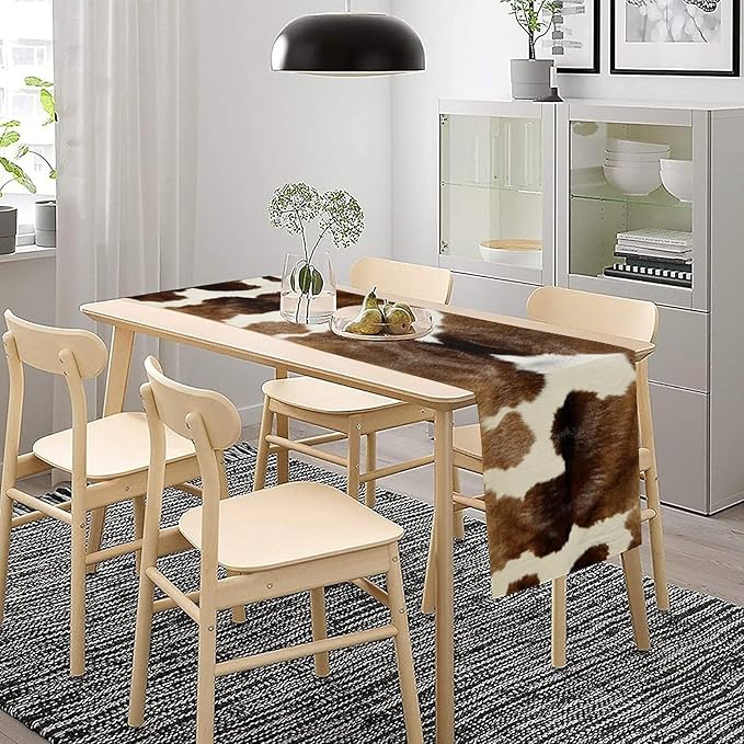 Cow Skin Print Table Runner Farmhouse Western White Brown Cowhide Rustic Cottage Country Seasonal Spring Fall Kitchen Dining Table Decoration for Home Party Dinner 13x36cm