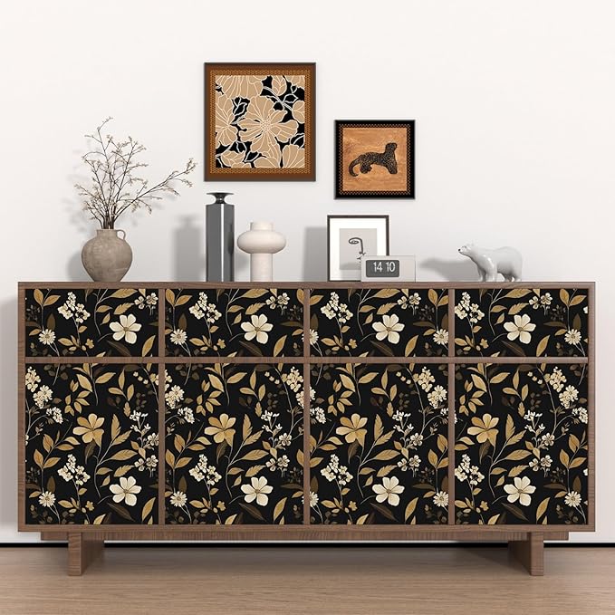 Black Floral Wallpaper Peel and Stick Gold Leaf Contact Paper 17.4" x 118" Boho Wallpaper Waterproof Self Adhesive Wall Covering for Bedroom Countertop Desk Cabinets Decor