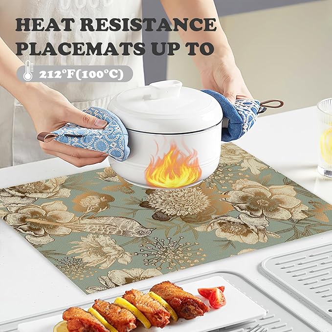 Placemats Set of 4 Retro Peony Bird and Butterfly Table Mats Linen Place Mats for Dining Kitchen Country Camp Farmhouse Decor 12x18 Inch