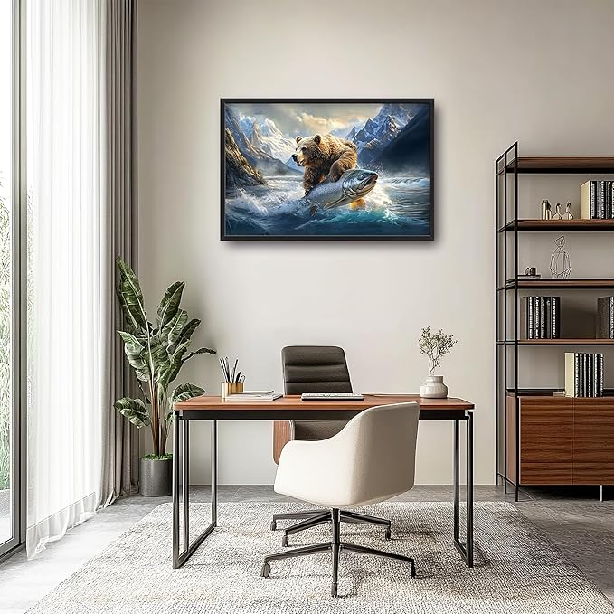 Bear Fish Large Decor Framed Wall Art Mountain Pictures for Living Room, Oversized Canvas Print Painting Modern Extra Large Framed Artwork for Bedroom Office Home Decor 36"x24"