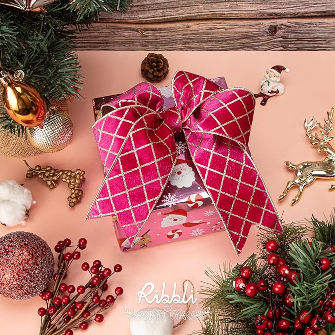 Ribbli Hot Pink Velvet Ribbon Wired with Glitter Diamond Grid 2-1/2 Inch Christmas Ribbon for Christmas Tree Decoration Big Bow Gift Wrapping Crafts Wreaths Garland Supplies - 10 Yards