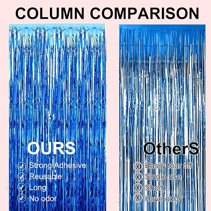 2 Pack 3.28 ft x 6.56 ft Blue Tinsel Curtain Party Backdrop Decorations, Metallic Foil Fringe Backdrop Door for Halloween, Christmas, Birthday Graduatio