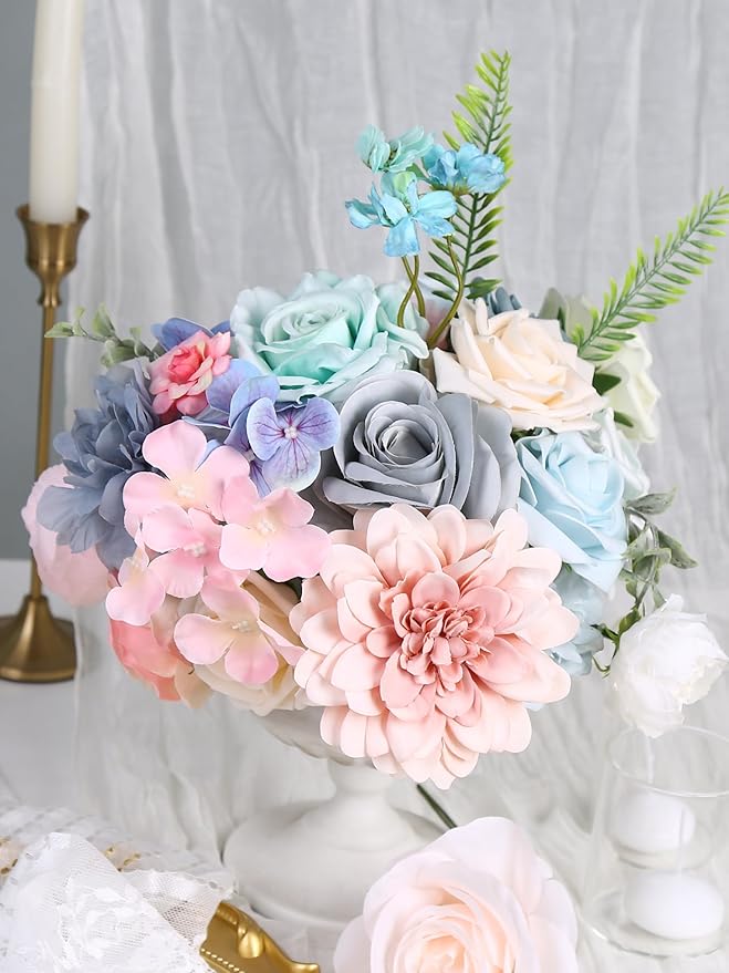 Pink and Blue Flowers Combo Box, Pink Silk Fake Rose Light Blue Flowers for DIY Floral Arrangements Wedding Bouquets Centerpiece Baby Shower Party Decoration (Blue Pink)