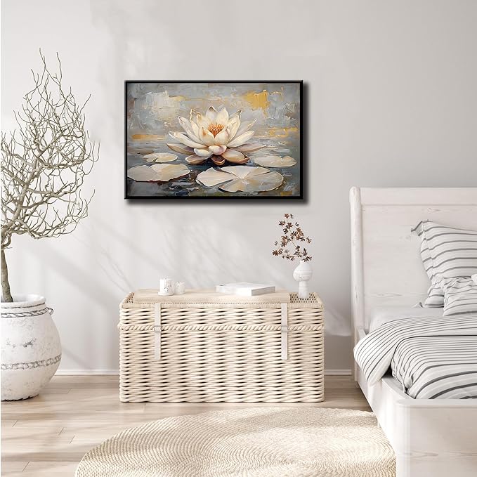 Ethereal white lotus floating on Crystal Waters poster vintage oil painting printwall art soft blush and gold accents serene home and office decor dreamy 16x24in Metal blackFramed
