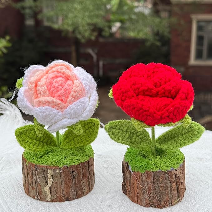 Hand Crochet Knitted Potted Rose Bouquet Creative Knitted Potted Plant mini Cute Home Desktop Decorations and Gifts for Friends, Lovers, classmates (Pink Roses 02)